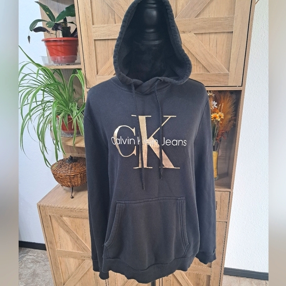 Calvin Klein Jeans Black Hooded Sweatshirt Metallic Logo Kangaroo Pocket - Picture 1 of 16